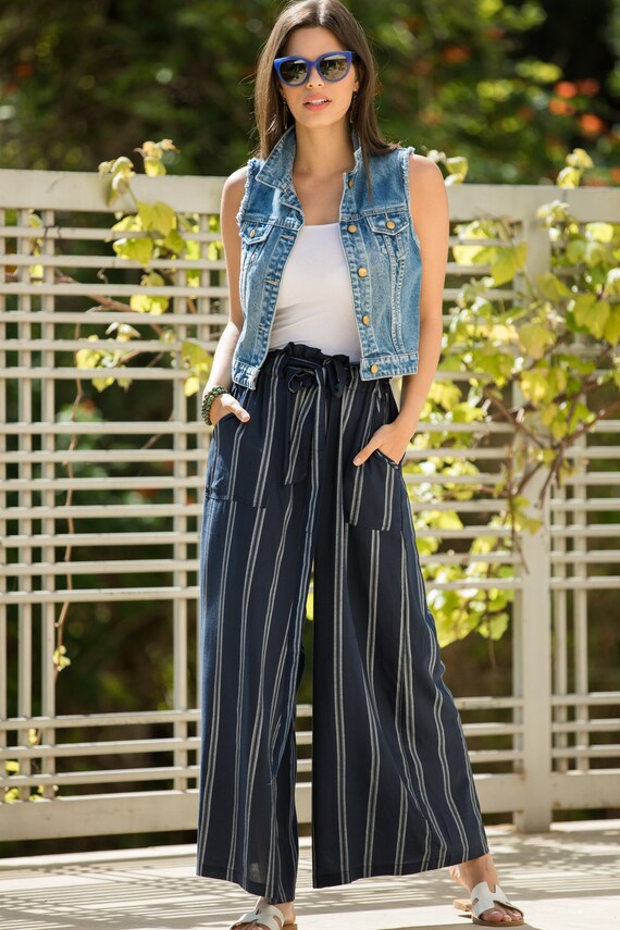 Wide Leg Striped Summer Pants High 