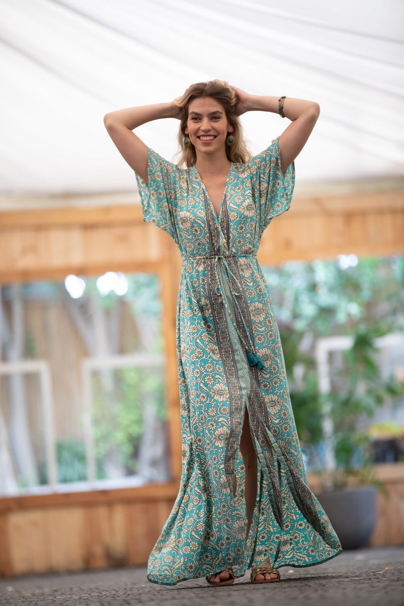 Turquoise Gold Floral Silky Kaftan Summer Dress, Women Resort Vacation Beach Dress, Long Ethnic Bohemian Loose High Waist Draw String Dress image 2