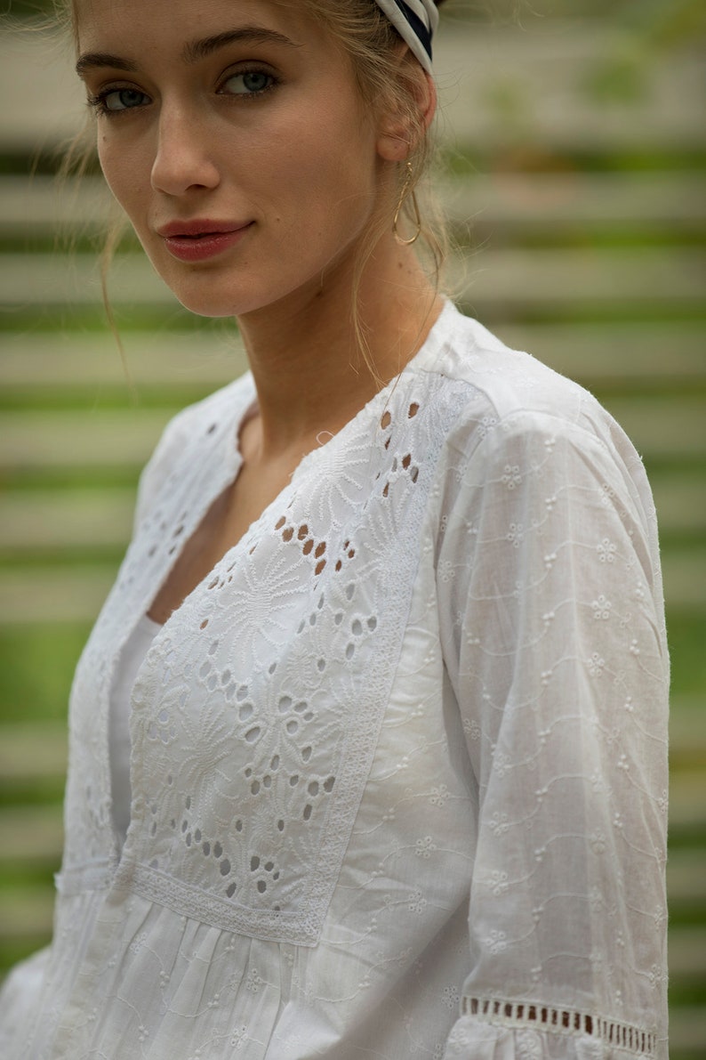 Eyelet White Summer Jacket, Lightweight Hippie Cover Up, Holiday White Women's Top, White Shrug, Bridal Cardigan, Casual White Cardigan image 4