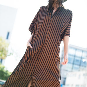 Brown Black Striped Oversize Summer Kaftan Dress, Bohemian Trendy Buttoned Down Caftan Maxi Dress with Pockets image 7