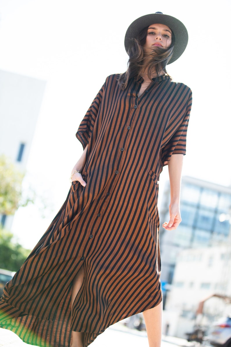 Brown Black Striped Oversize Summer Kaftan Dress, Bohemian Trendy Buttoned Down Caftan Maxi Dress with Pockets image 7