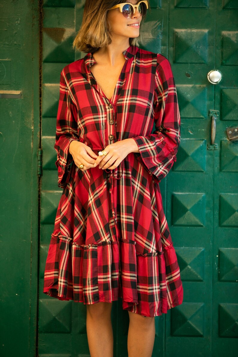 Red Plaid Long Sleeves Dress Knee Length Bohemian Dress Etsy
