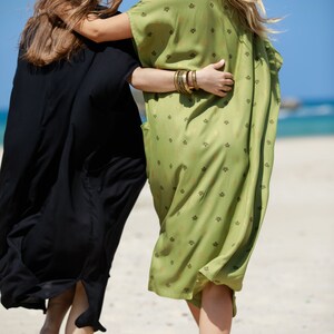 Lime Green Gold Oversize Caftan Dress, Ethnic Beach Resort Summer Dress, Boho Loose Petra Charterause Mid-Calf Dress, Plus Size Dress image 4