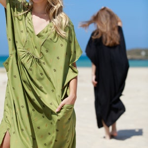 Lime Green Gold Oversize Caftan Dress, Ethnic Beach Resort Summer Dress, Boho Loose Petra Charterause Mid-Calf Dress, Plus Size Dress image 9