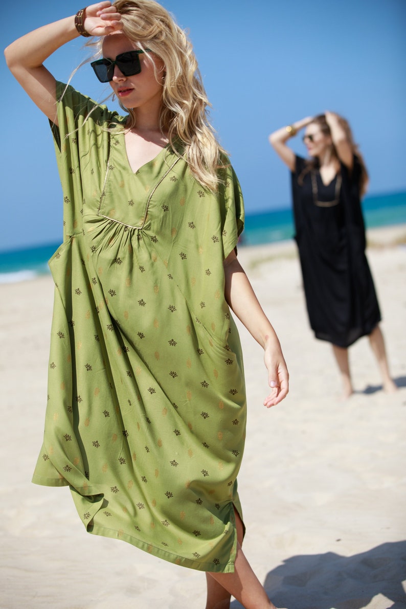 Lime Green Gold Oversize Caftan Dress, Ethnic Beach Resort Summer Dress, Boho Loose Petra Charterause Mid-Calf Dress, Plus Size Dress image 2