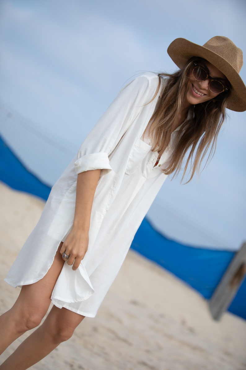 Cream Beach Tunic Dress, Long Sleeves Cover Up Dress, Shirt Collared Dress for Women, Vacation Resort Long Sleeves Dress image 9