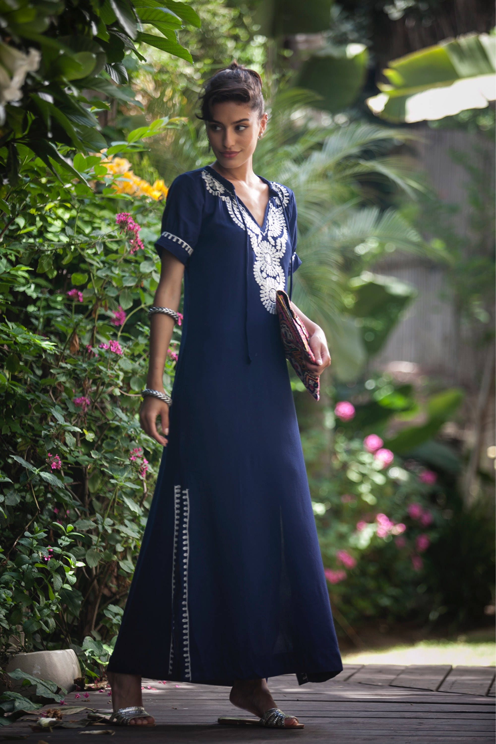 Dark Blue Embroidered Kaftan Dress: Boho Moroccan Maxi Abaya