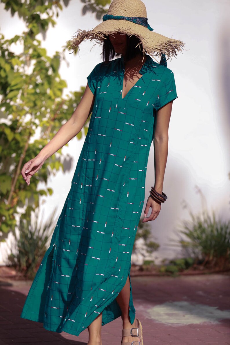 Boho Rayon Loose Nur Dress Turquoise Kaftan Maxi Dress Ethnic Casual Light Summer Caftan Dress with Pockets