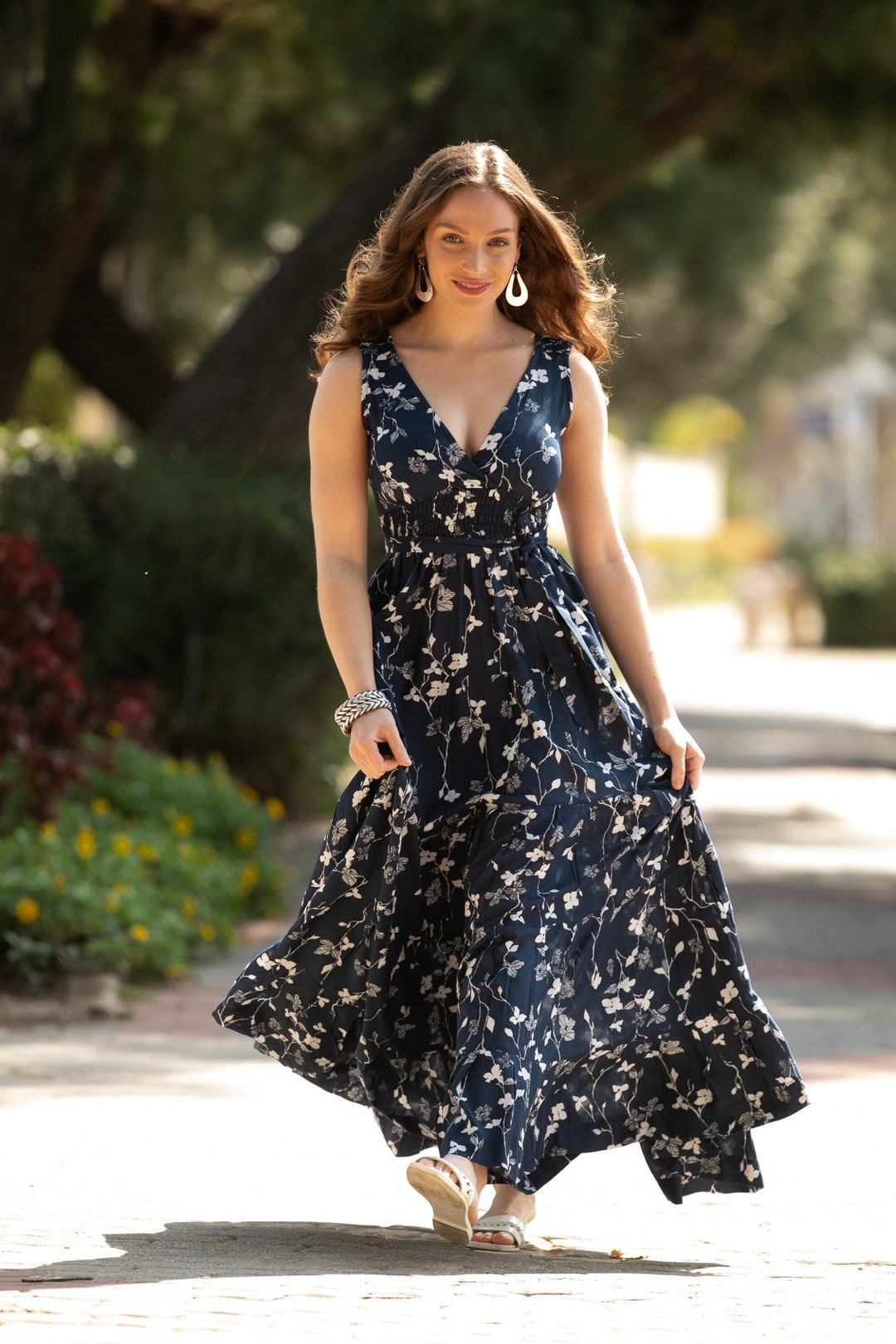 Navy Blue Floral Maxi Dress: Sleeveless Rayon Boho Dress - Etsy