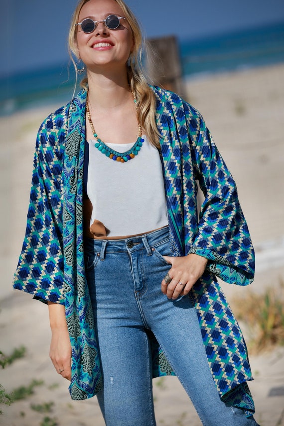 Colorful Blue Boho Chic Lightweight Double sided Kimono Cardigan Autumn Reversible Cover up Casual Flare Oversize Jacket Wide Sleeve Robe Etsy Canada