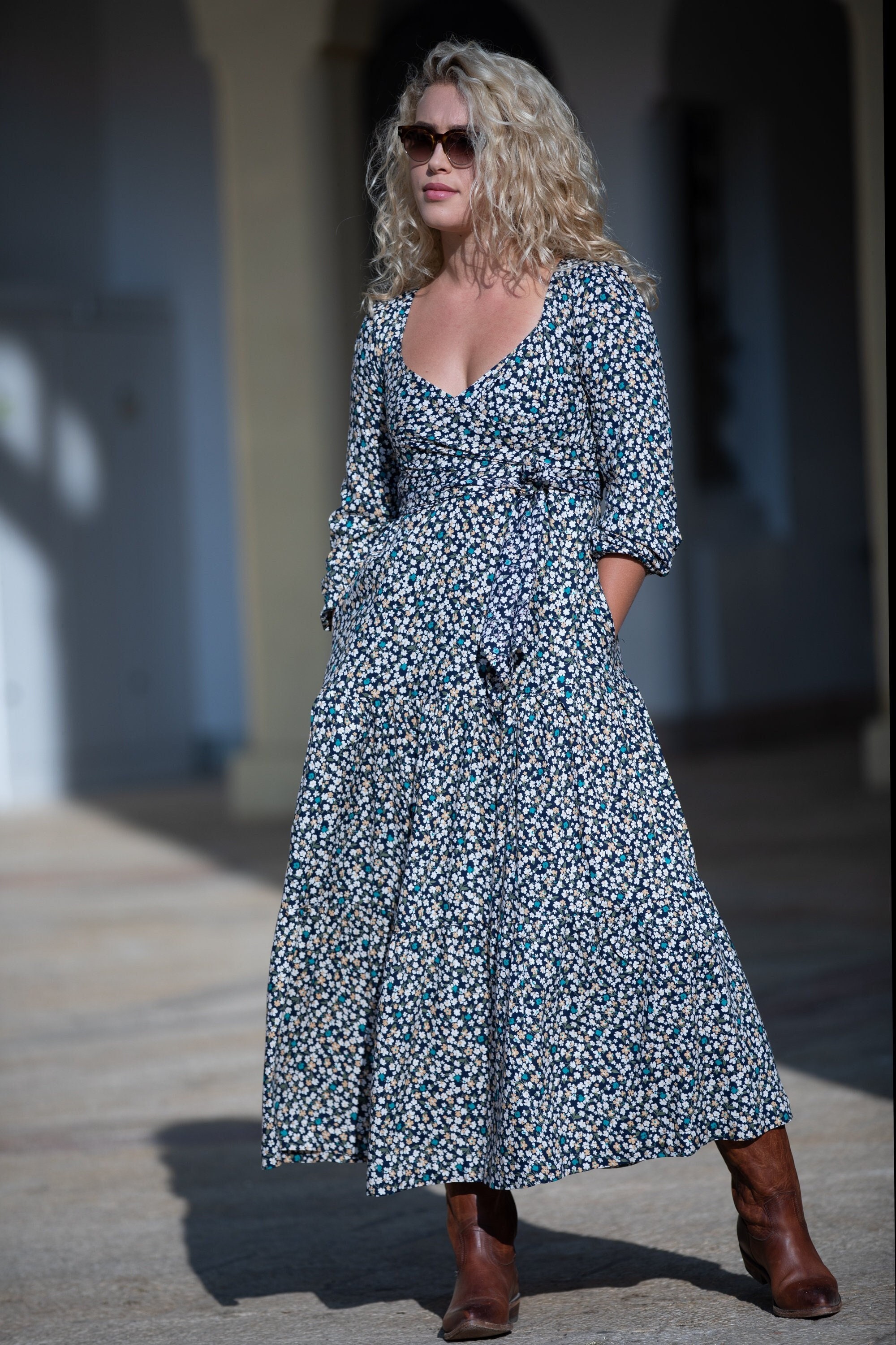 floral winter maxi dress Blue Floral Maxi Dress: Rayon Bohemian Wrap Dress With Pockets