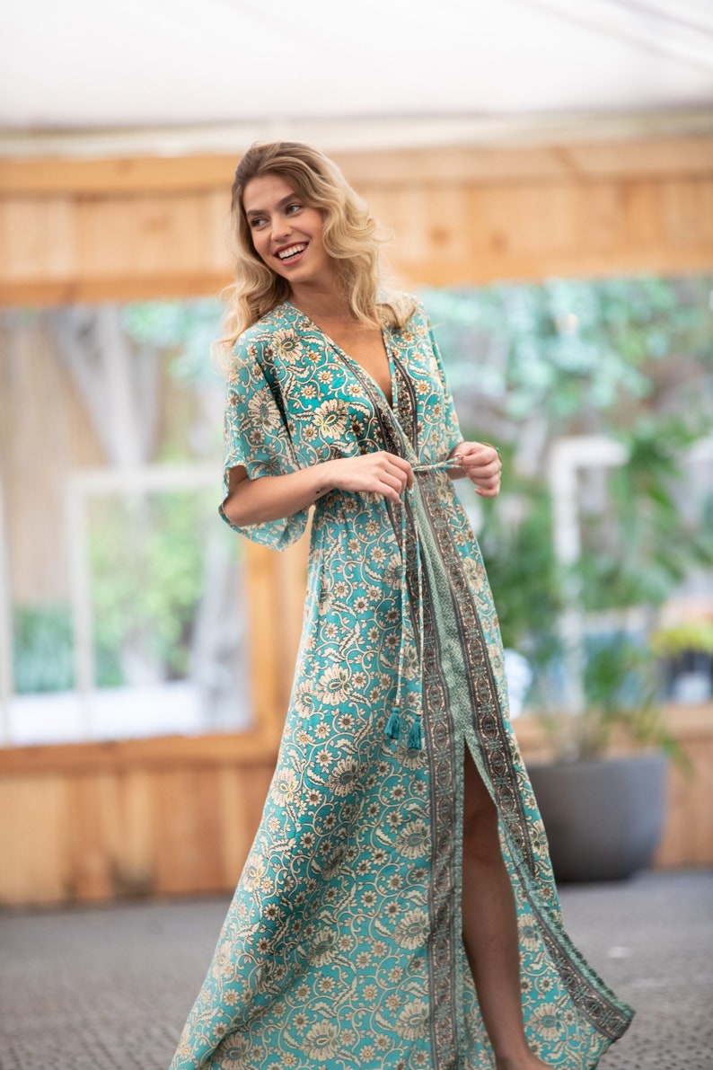 Turquoise Gold Floral Silky Kaftan Summer Dress, Women Resort Vacation Beach Dress, Long Ethnic Bohemian Loose High Waist Draw String Dress image 1