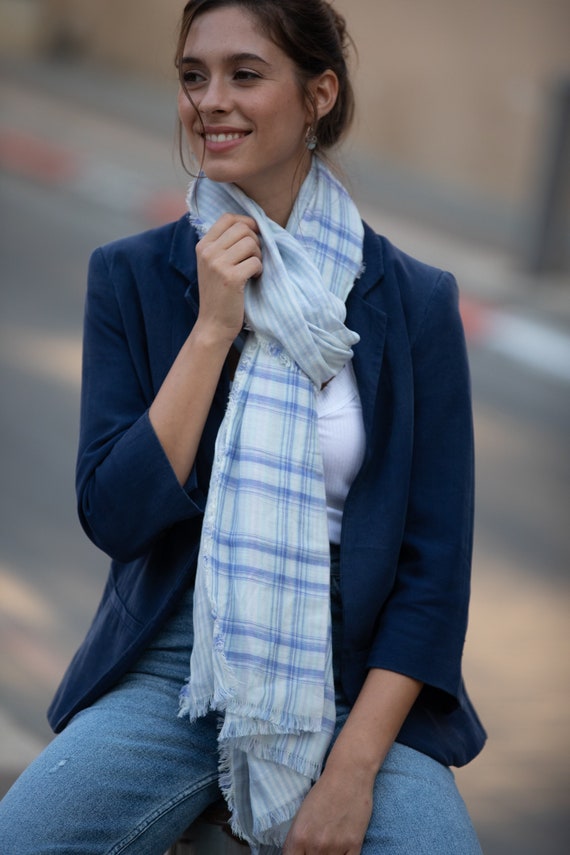 Double face chaud confortable large et long bleu clair écharpe femme à  carreaux, grosse écharpe en coton de mode urbaine à la mode, châle dhiver -   France