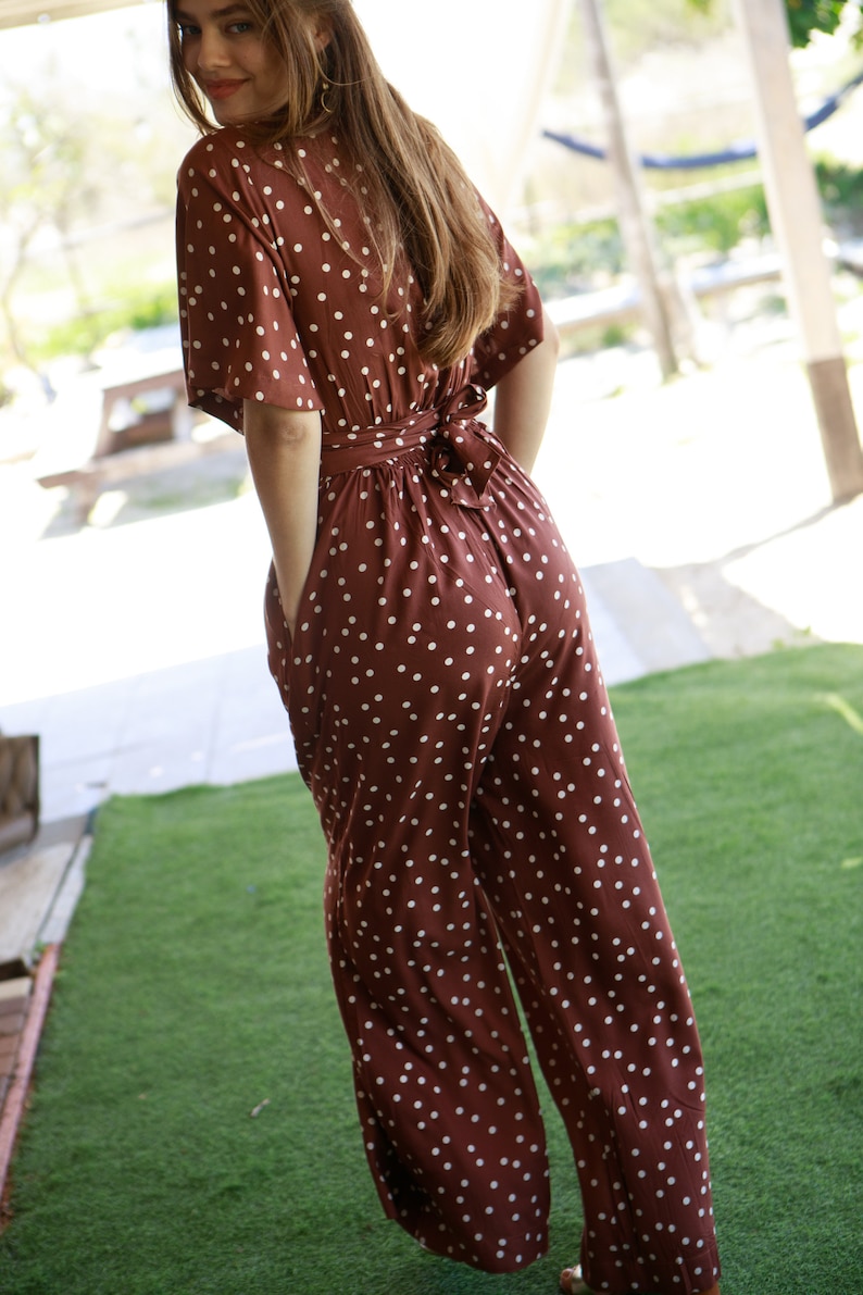 Brown Bell Sleeves Wide Leg Pants Jumpsuit for Women, Half Sleeve Wrap Jumpsuit, Empire Waist Jumper Suit, Casual Jumpsuit image 5