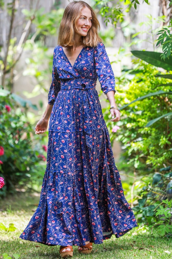 Lange Ärmel Kleid BlumenDruck Rüschenkleid Abend Boho Maxi - Etsy Österreich