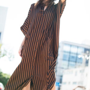 Brown Black Striped Oversize Summer Kaftan Dress, Bohemian Trendy Buttoned Down Caftan Maxi Dress with Pockets image 8