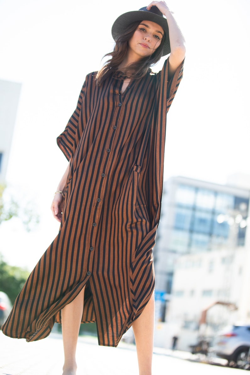 Brown Black Striped Oversize Summer Kaftan Dress, Bohemian Trendy Buttoned Down Caftan Maxi Dress with Pockets image 8