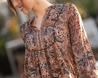 Boho Chic Ethnic Puffed Sleeves Loose Top for Women, Urban Casual Long Sleeves Paisley Print Blouse