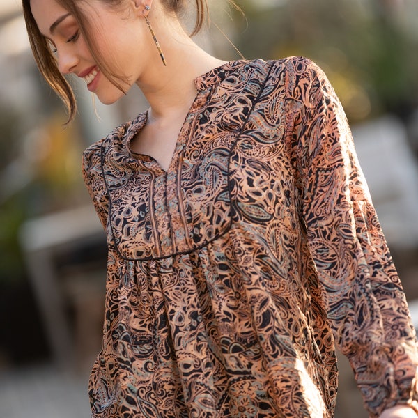 Boho Chic Ethnic Puffed Sleeves Loose Top for Women, Urban Casual Long Sleeves Paisley Print Blouse