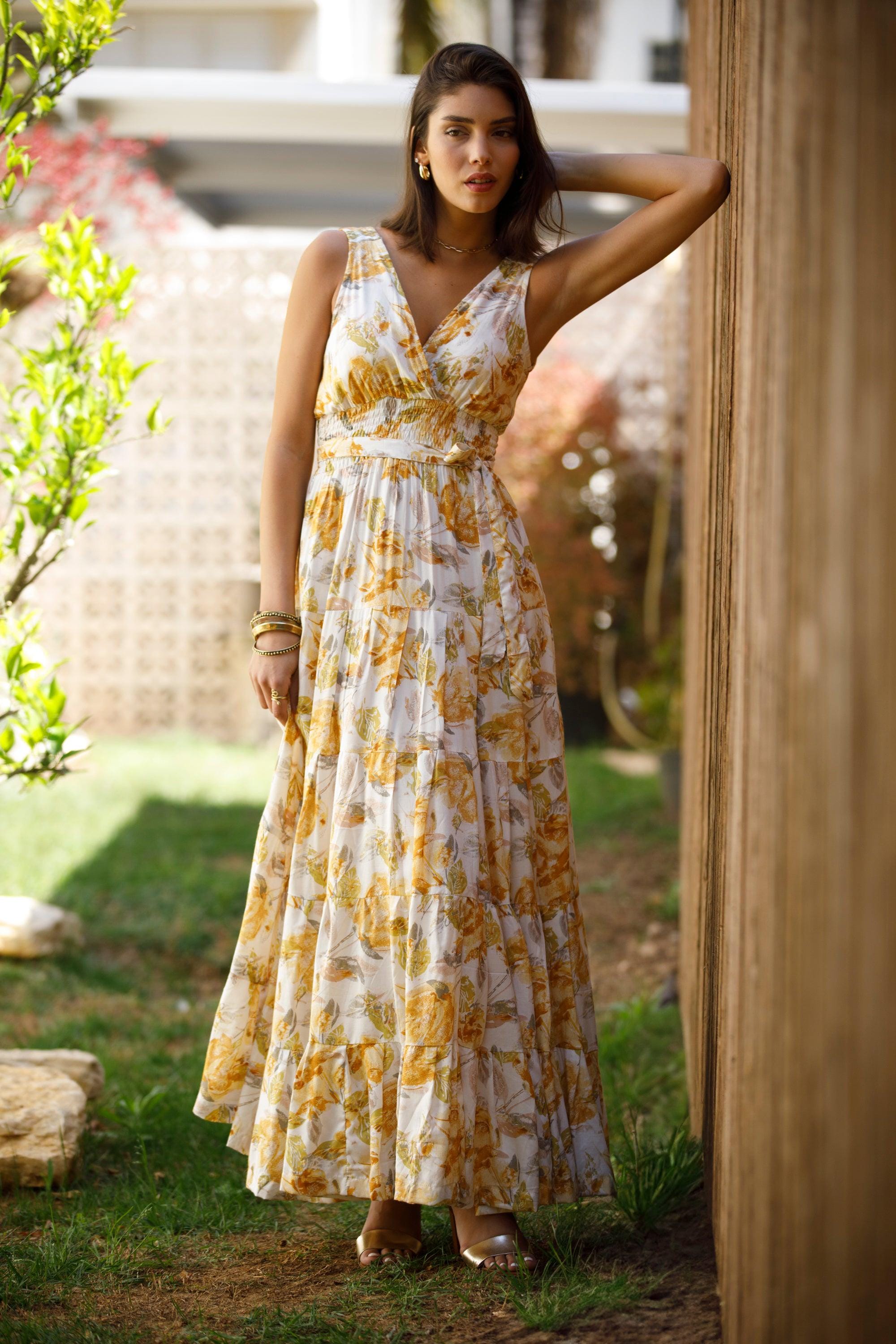 ridgewood maxi dress beige floral Rayon Dress: Cream & Brown Fit and Flare Sundress Style~Kyra room for hips Color:#59-Ivory Trendy Blue Floral Smocked Floral print