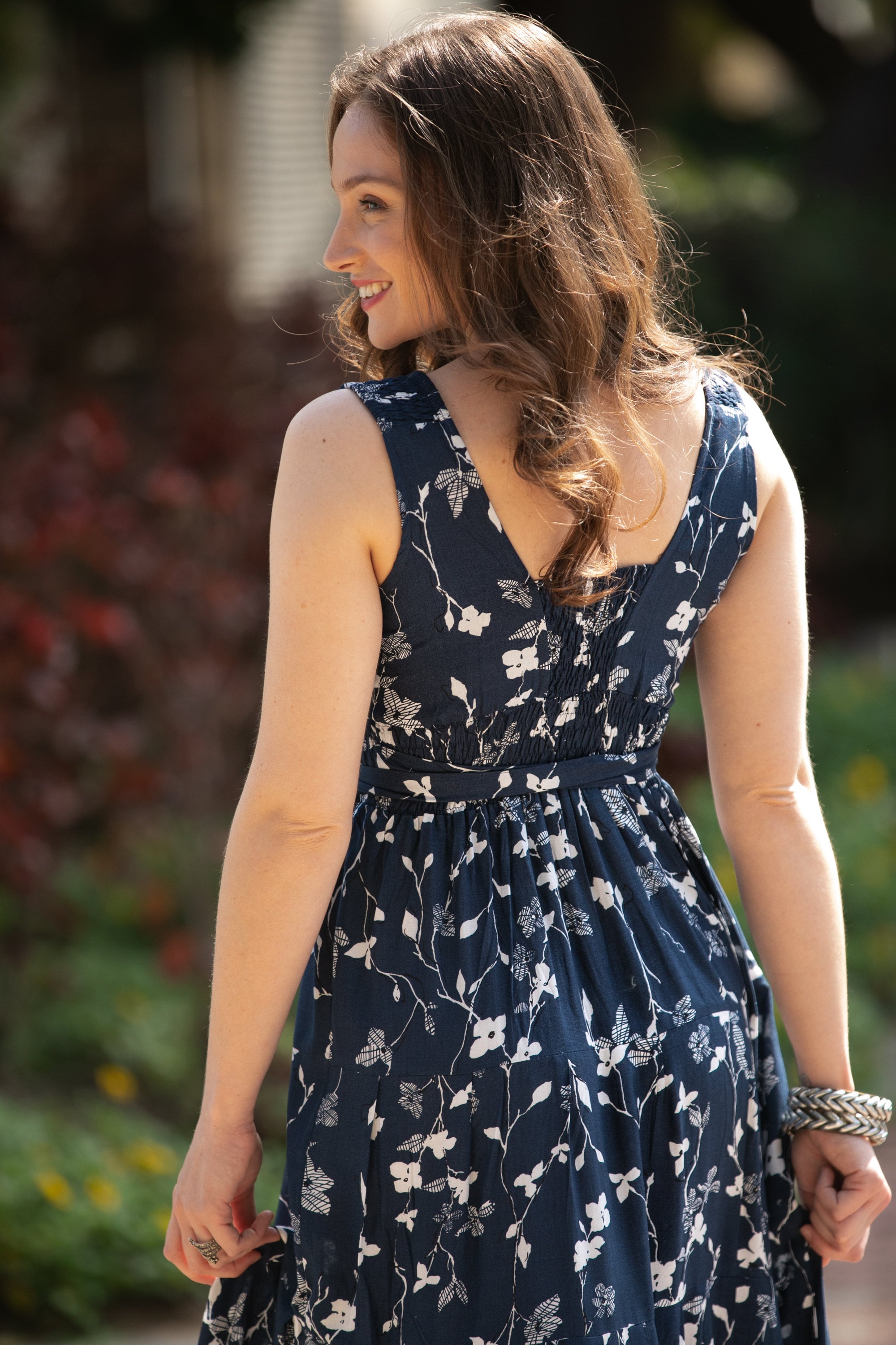 Navy Blue Floral Maxi Dress: Sleeveless Rayon Boho Dress