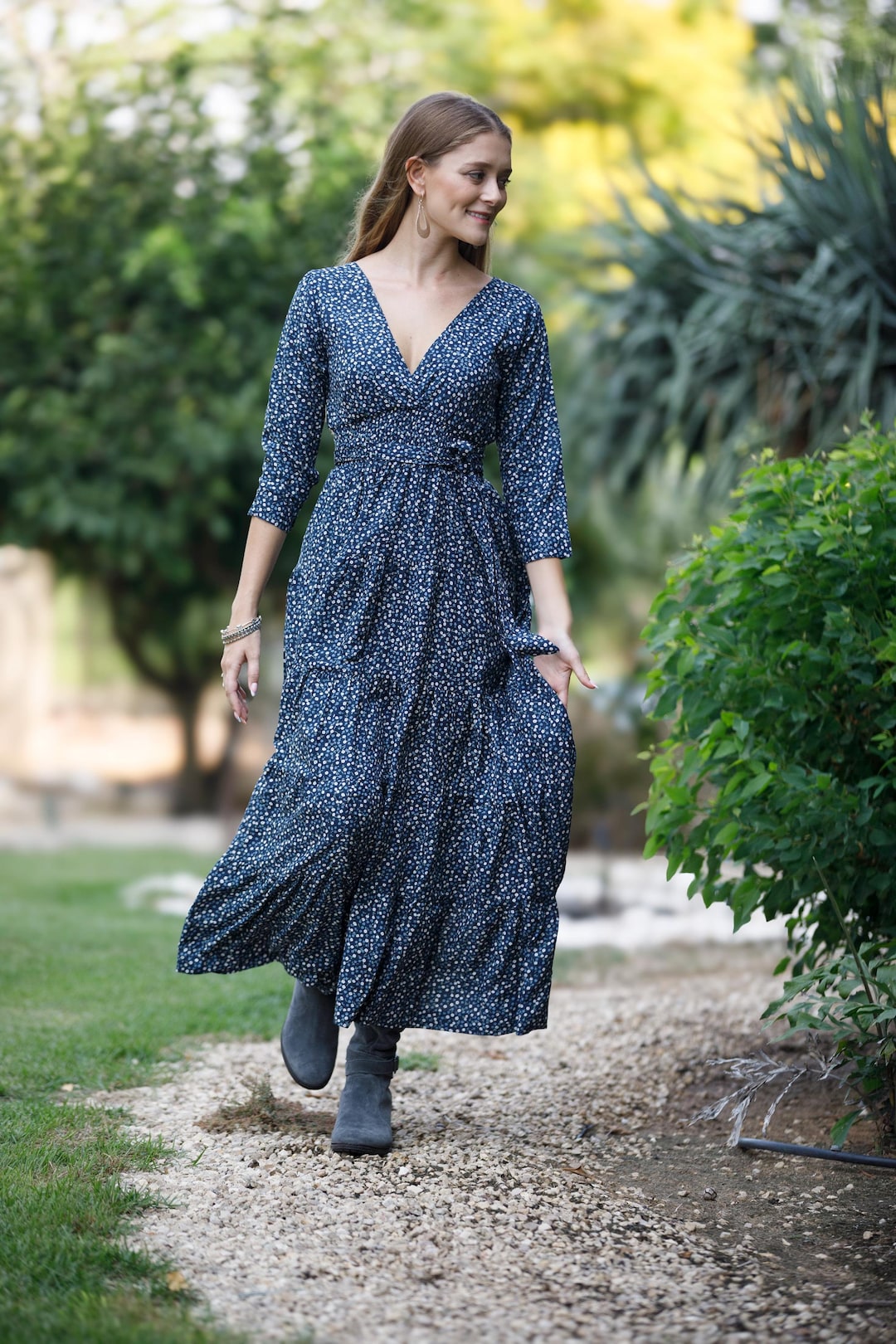 blue and green floral dress Flora Appliqué Dress Sky Blue
