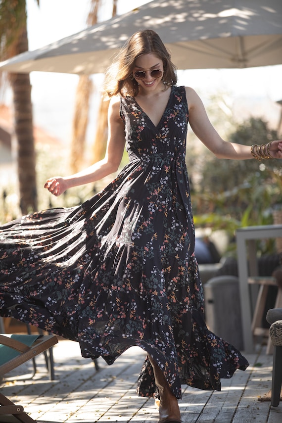 Black Floral Maxi Dress Long Hippie 