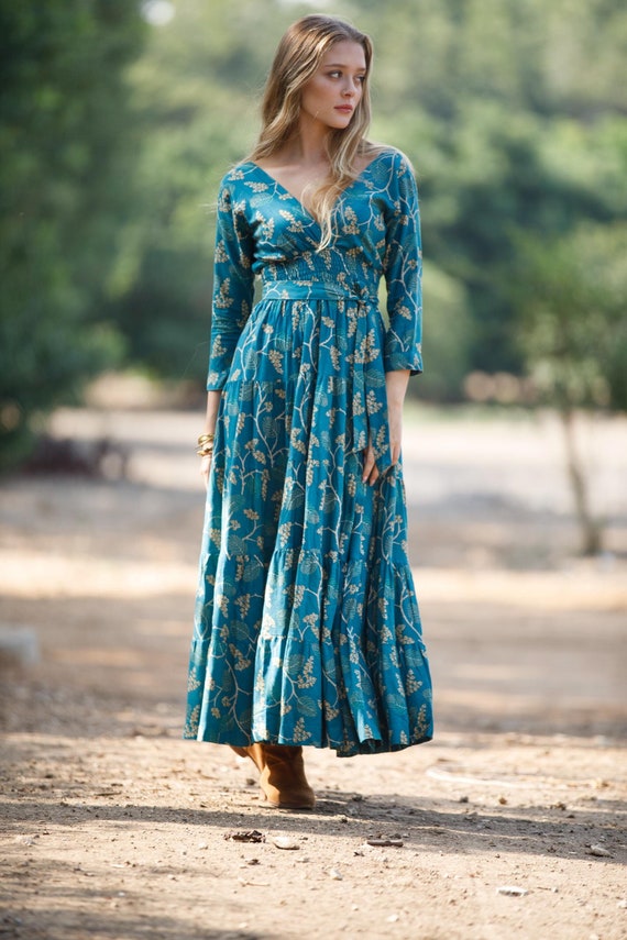 bohemian empire dress Green Rayon Maxi Dress: Bohemian Empire Waist Long Sleeve Wrap