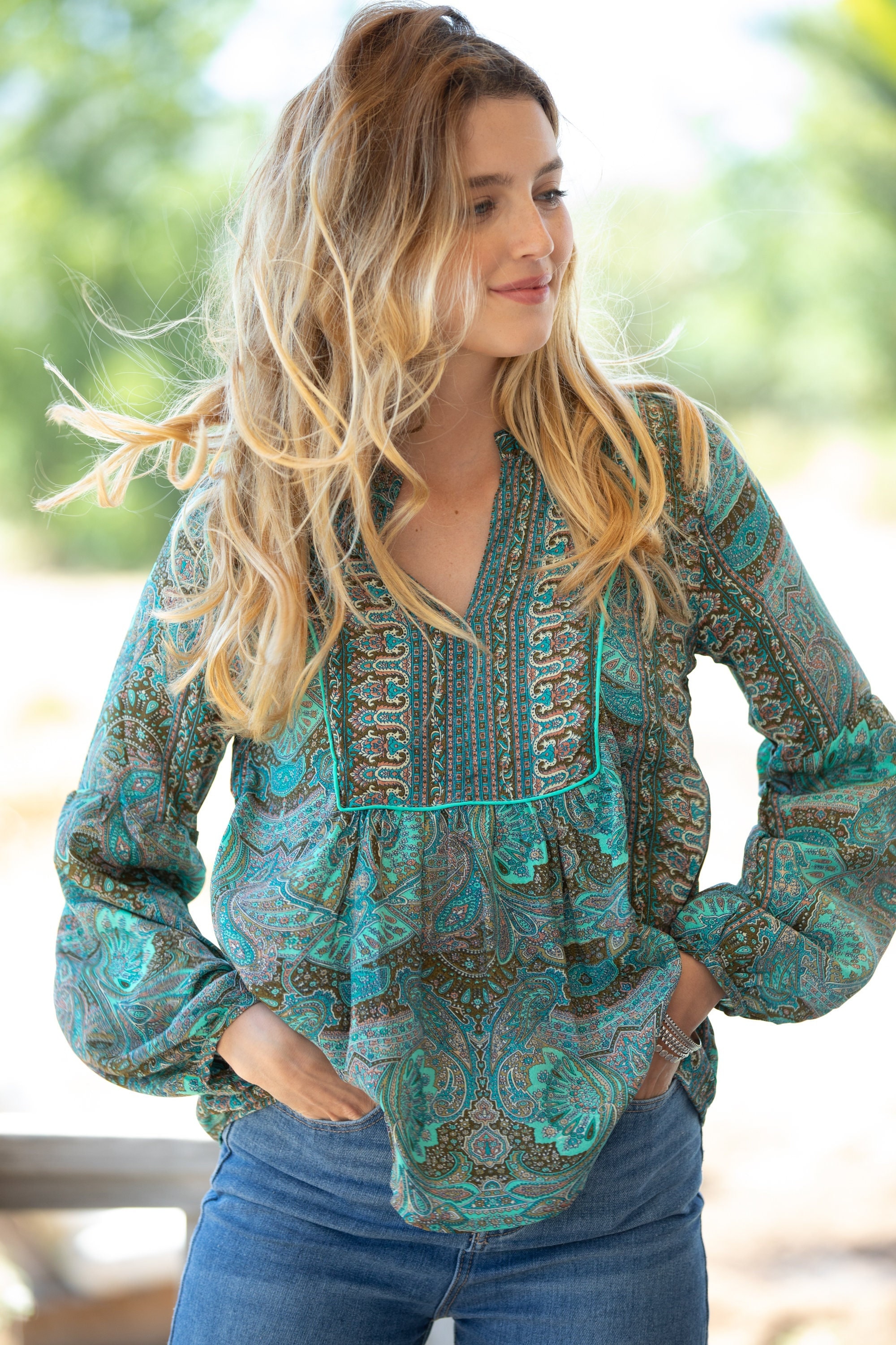 Boho Bluse Schößchen Grün Puffärmel Ärmel Top, Frauen Lange Trendy Paisley Hippie Locker