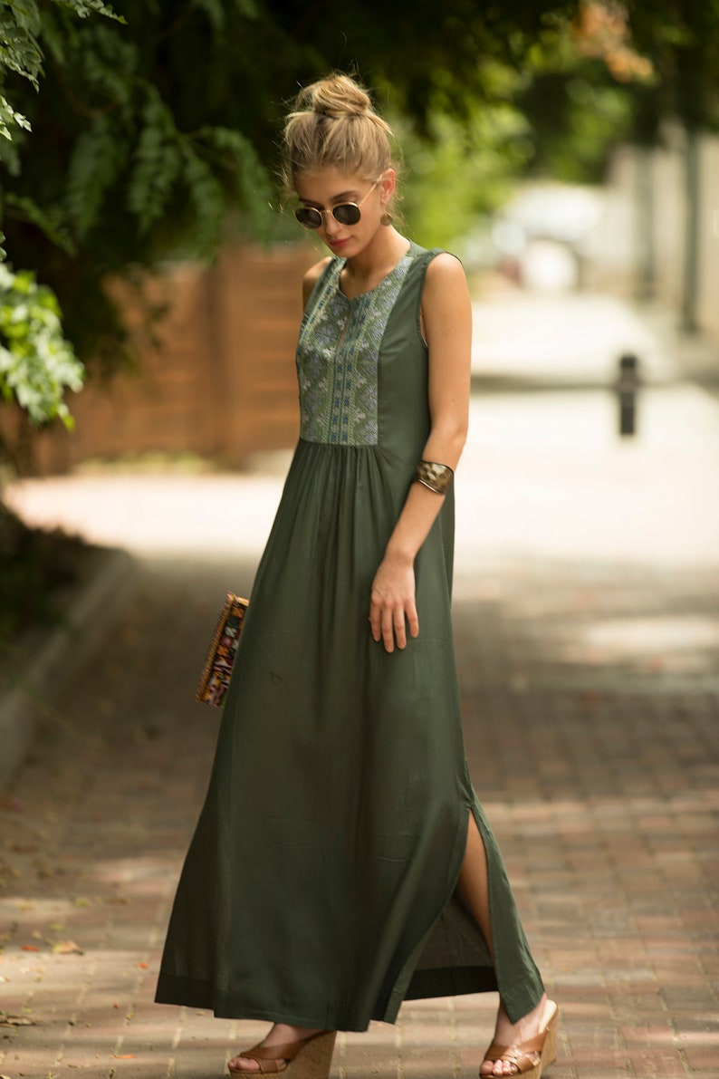 Sage Green Maxi Dress, Long Dress, Tribal Ethnic Long Caftan Dress, Olive Green Embroidered Dress, Boho Rayon Flattering Loose Tamara Dress image 3