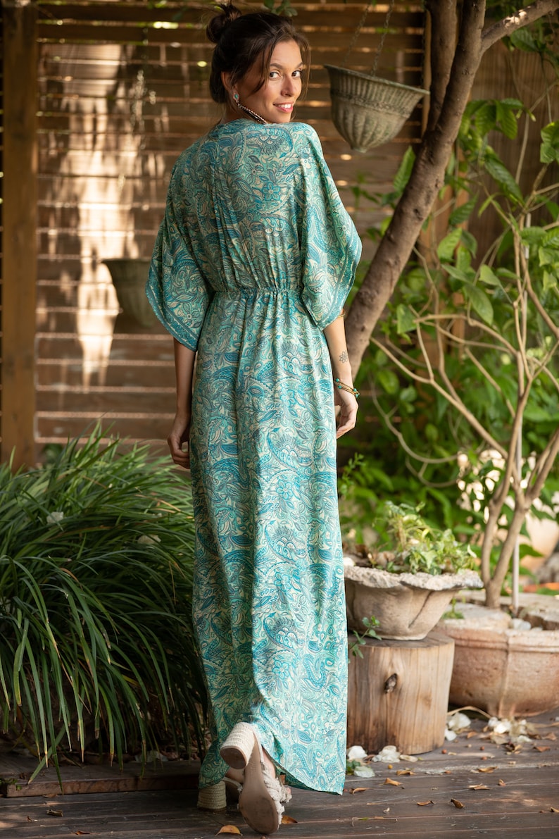 Long Ethnic Loose Hippie Wide Sleeves Dress Light Turquoise Women Resort Vacation Beach Dress Aqua Silky Kaftan Summer Dress