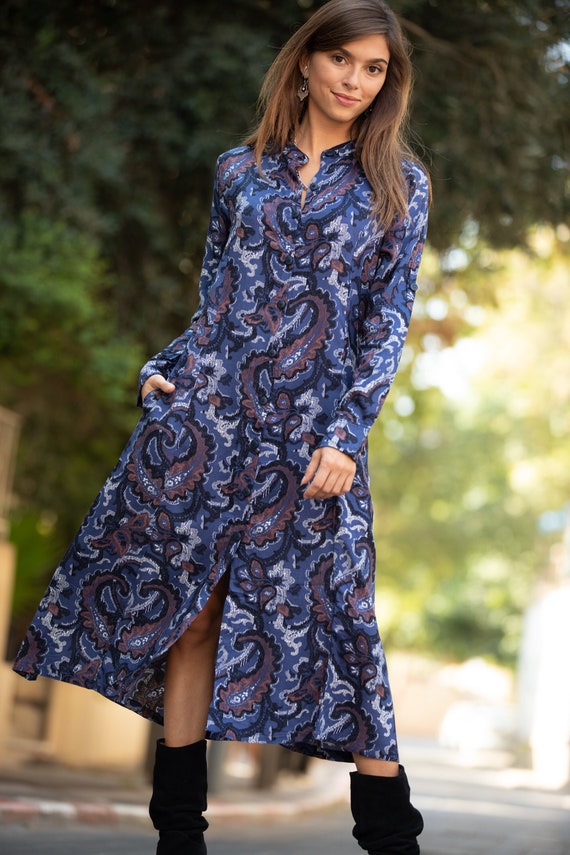 Women Bohemian Buttoned Collared Shirt Maxi Dress Purple blue