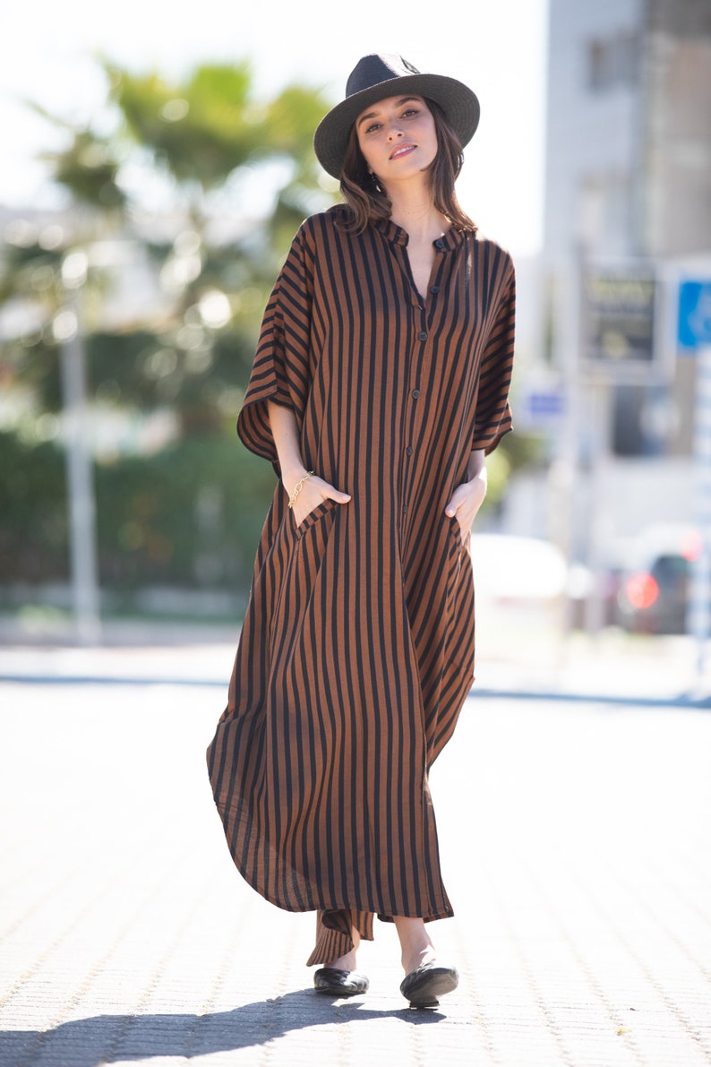 Brown Black Striped Oversize Summer Kaftan Dress, Bohemian Trendy Buttoned Down Caftan Maxi Dress with Pockets image 6