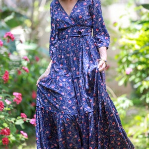 Long Sleeves Conservative Dress, Flower Print Frill Dress, Evening Boho ...