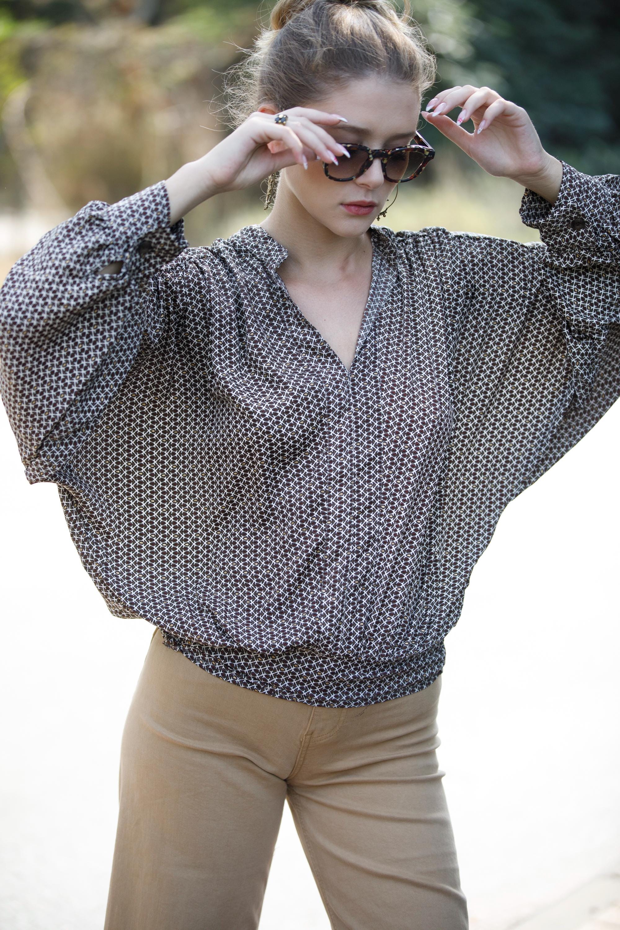Boho Chic Balloon Sleeve Blouse: Brown-gold Cropped Shirt - Etsy