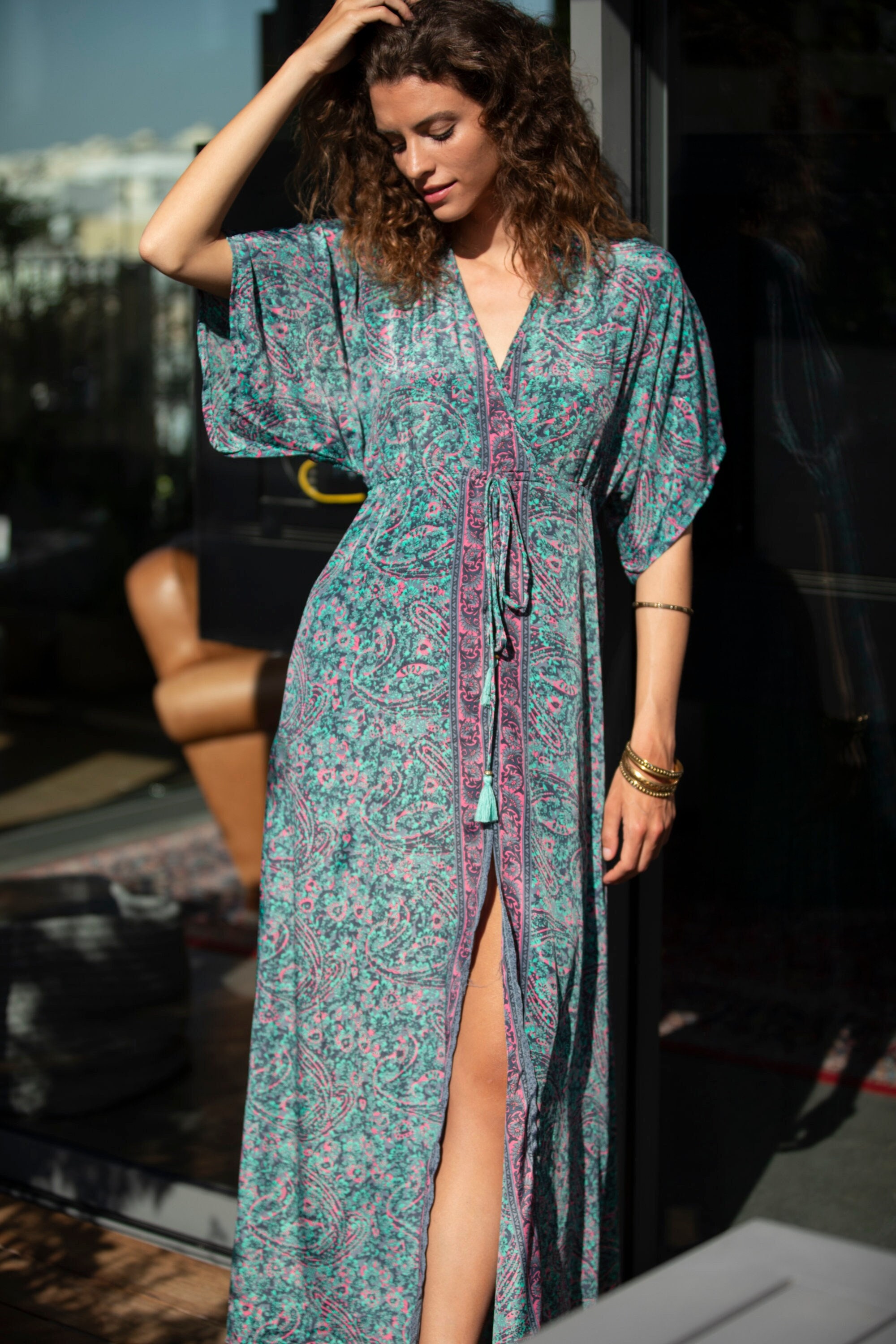 teal bohemian dress Women's Round Neck Flared Short Sleeve Floral Bohemian Beach Maxi Dress Turquoise S at Amazon Women's Clothing store