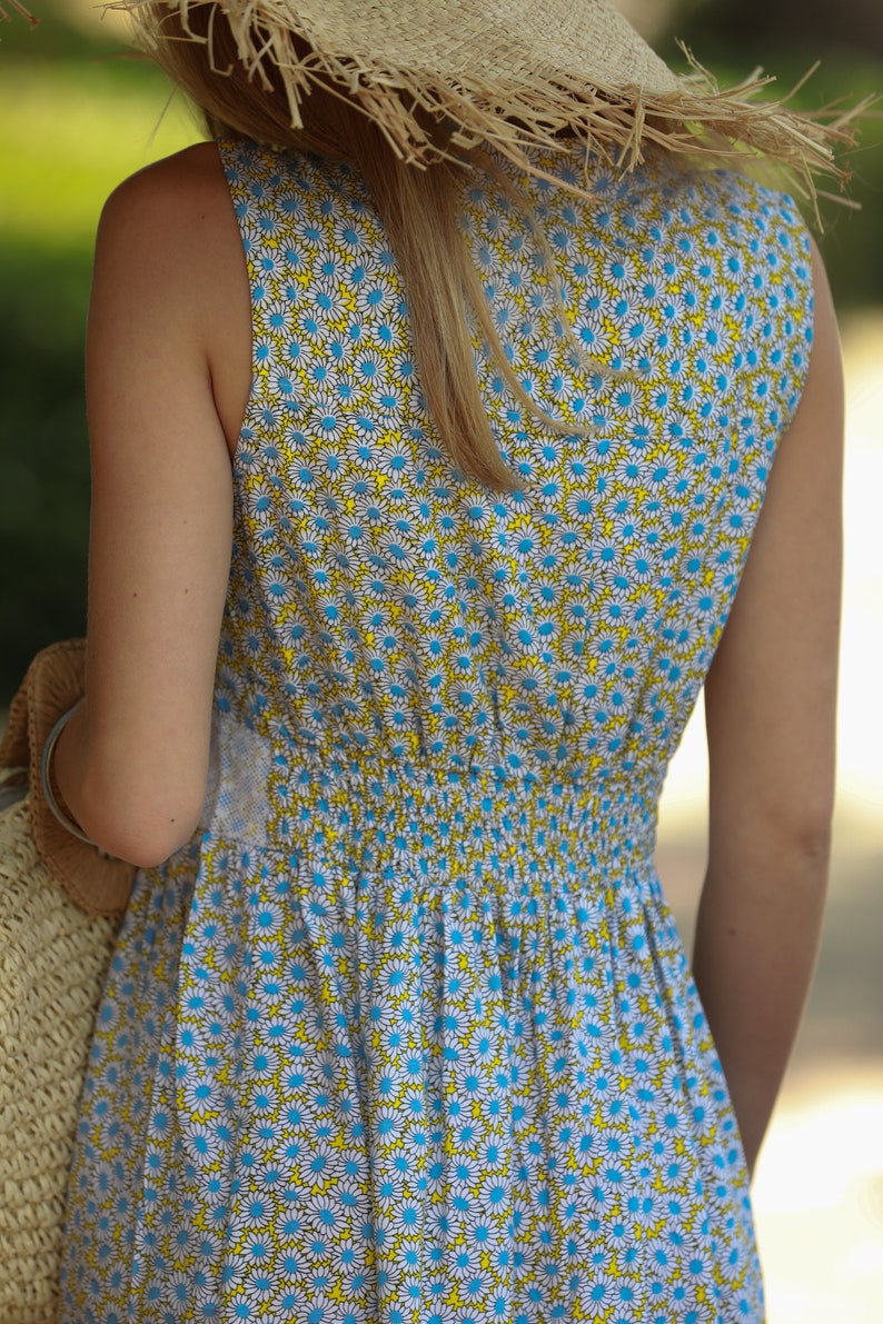 Yellow Light Blue Short Summer Dress High Waistline Mango | Etsy