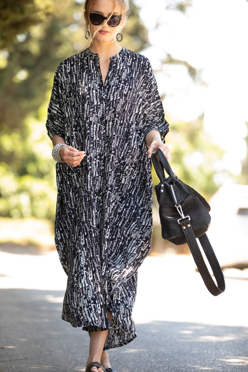 Black & White Oversized Caftan Dress With Pockets Streetwear Etsy