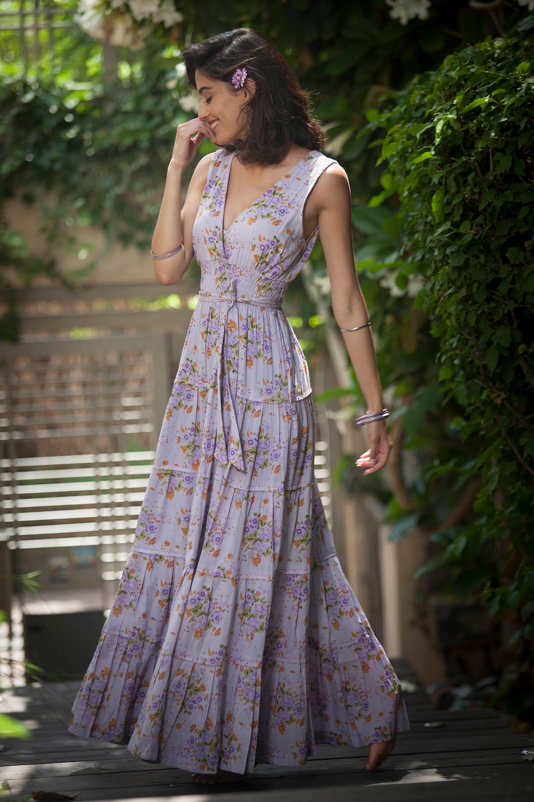 Lavender Textured Flower Mesh Long Dress main image 0