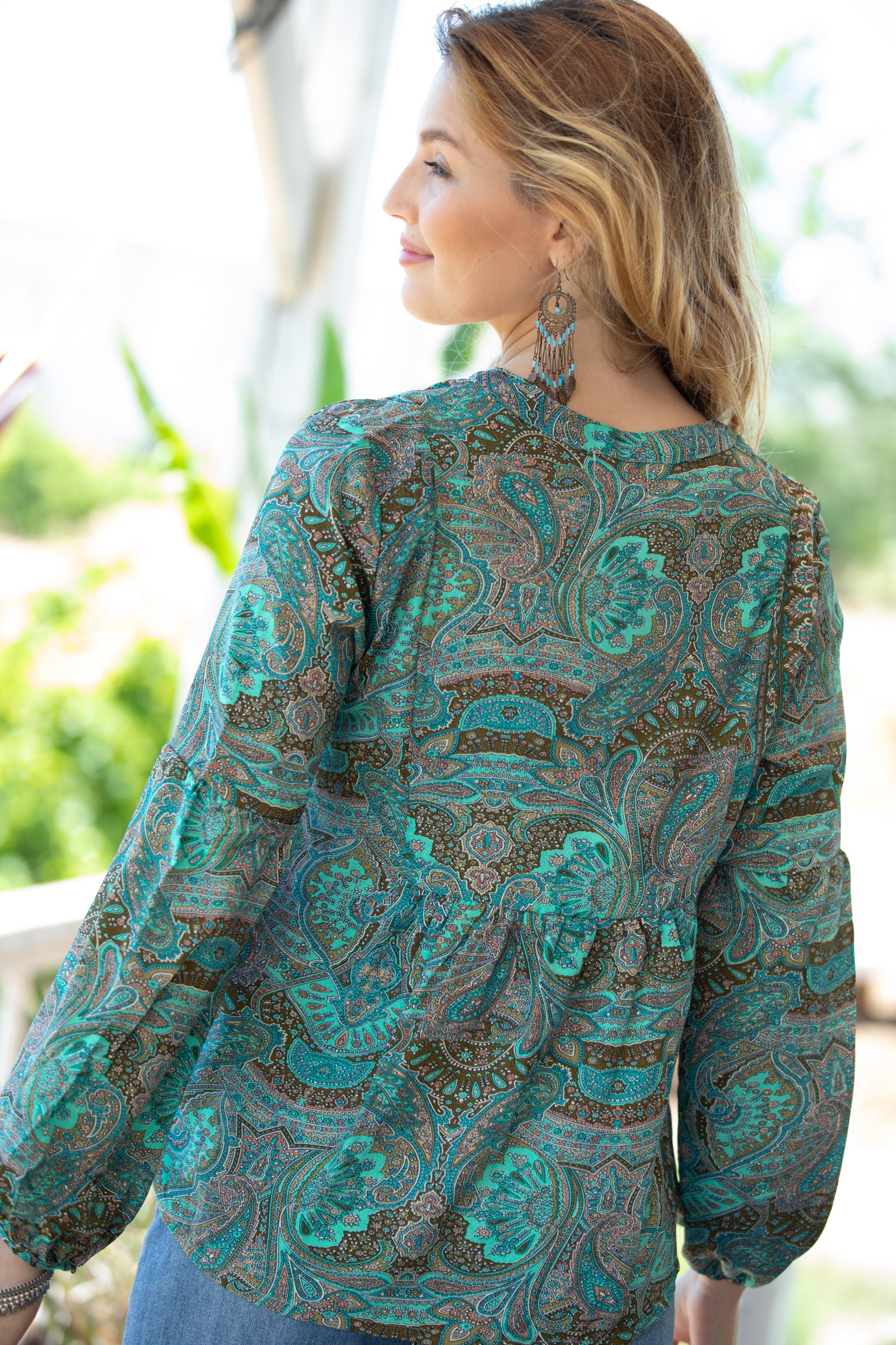 Grüne Übergröße Puffärmel Boho Chic Frauen Bluse, Boho Ethnic Lose Top,  Lange Ärmel Paisley Print Bluse