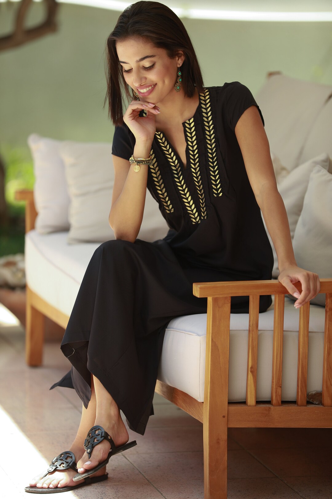 Boho Long Black and Gold Kaftan Dress, Loose Moroccan Gold Embroidery