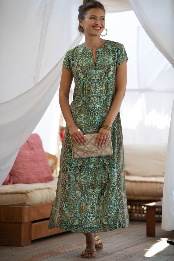 Green & Gold Paisley Kaftan Dress: Sparkly Ethnic Maxi Dress - Etsy Israel