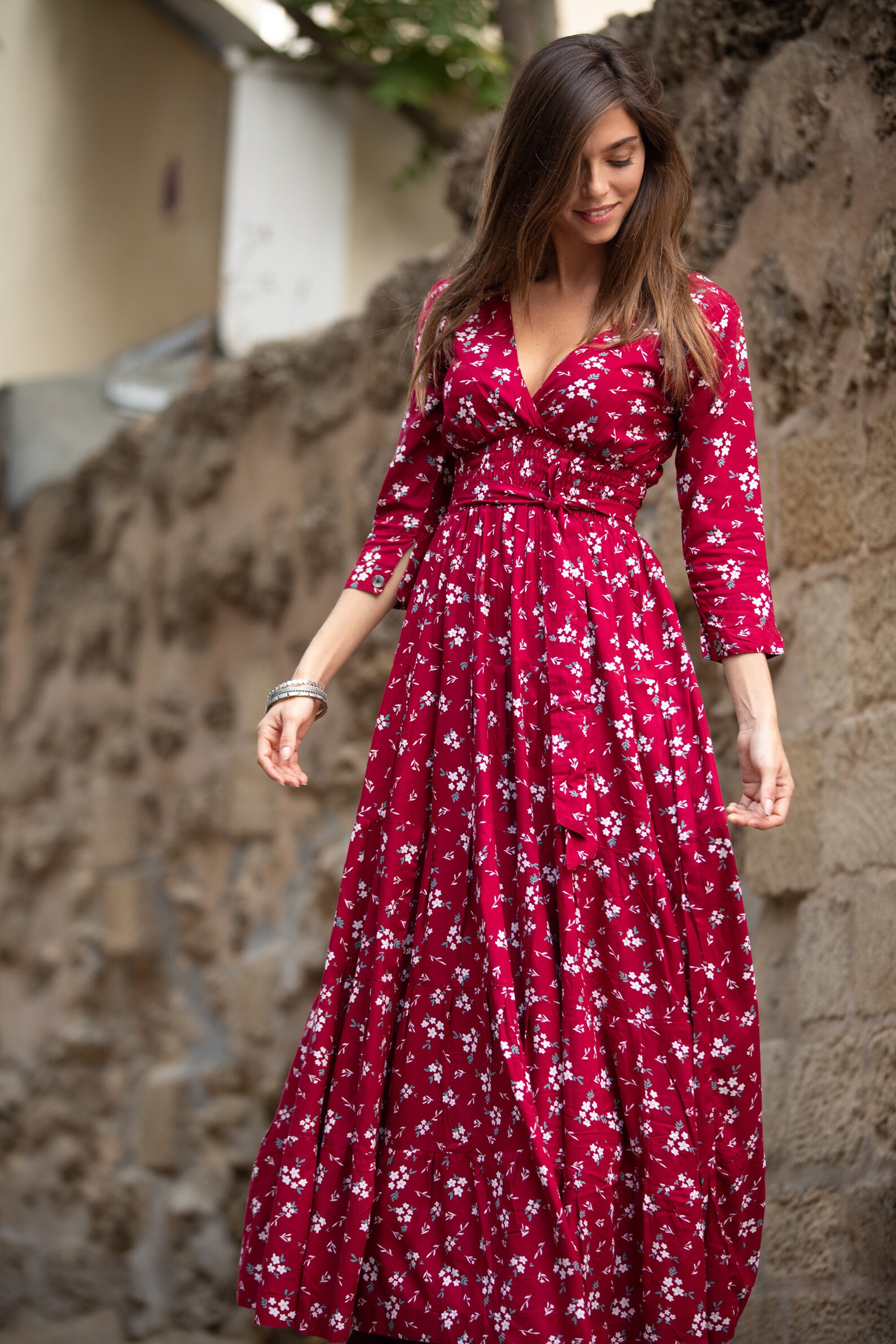 Cherry Red Winter Maxi Dress for Women Floral Boho Chic Maxi | Etsy