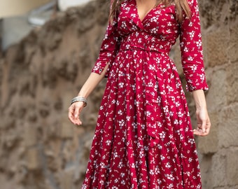 Cherry Red Winter Maxi Dress for Women, Floral Boho Chic Maxi Dress, Long  Bordeaux High Waist 'carrie Dress' -  Sweden