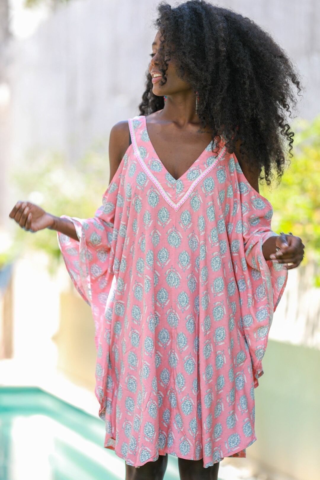Buy Pink Kaftan Dress: Cut Out Shoulder Rayon Cover-up Online in India 