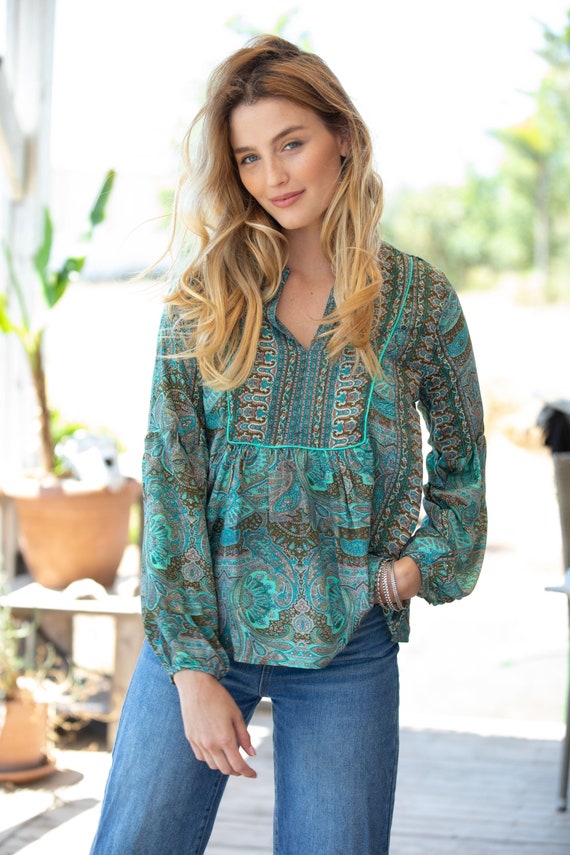 Green Oversize Puffed Sleeves Boho Chic Women Blouse Bohemian Ethnic Loose Top Long Sleeves Paisley Print Blouse Etsy