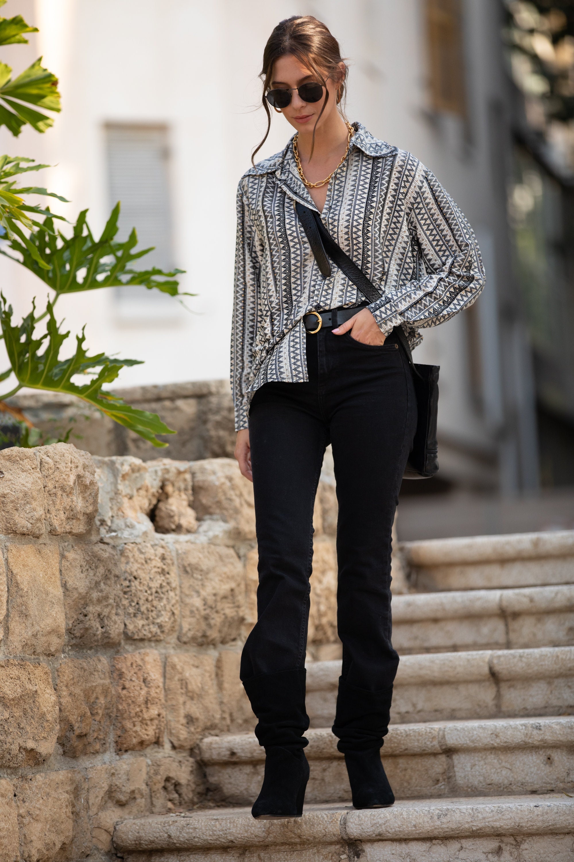 Women Black-Cream with Gold Sparkly Stripes Bohemian 70's Oversize Collared Top, Long Sleeves Relaxed Fit Buttoned Blouse for Women