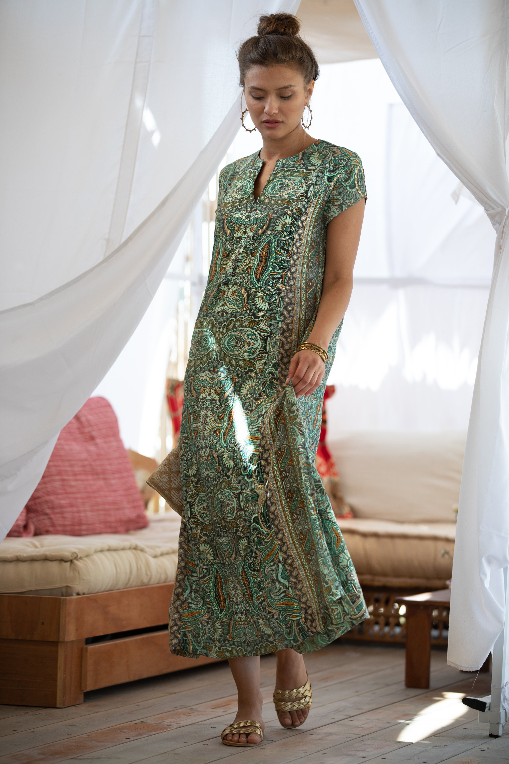 green paisley maxi dress Rina Sage Paisley Maxi Dress