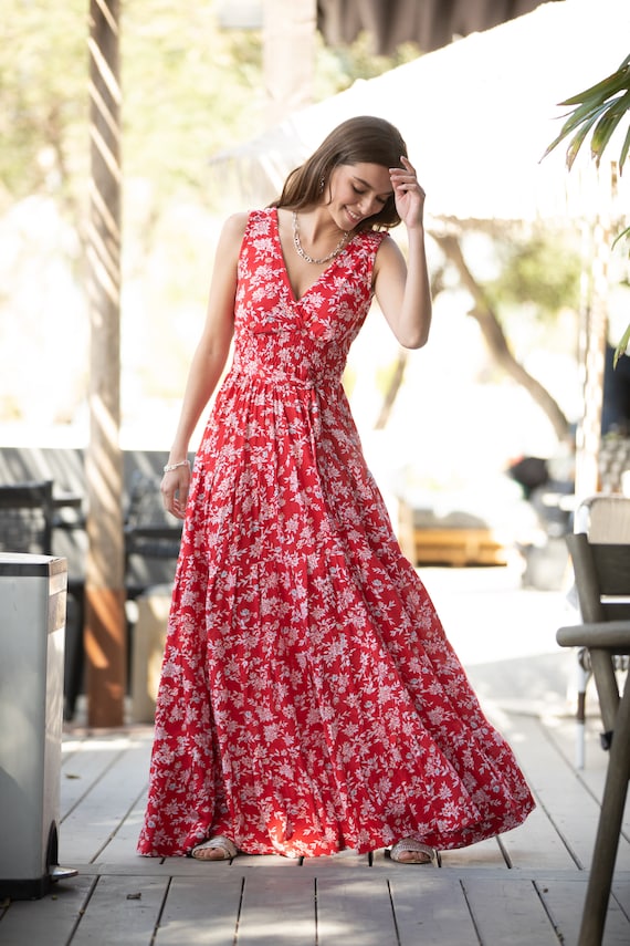 Red Floral Summer Maxi Dress Women 