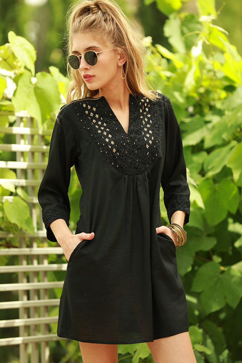 Tribal Short Black Gold Ethnic Dress, Moroccan Inspired Caftan, Embroidery Kaftan Black Dress, Long Sleeves Bohemian Dress 